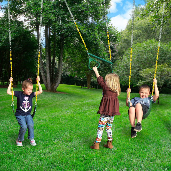 Three children playing on a wooden swing set with yellow chains and green handles in a grassy backyard