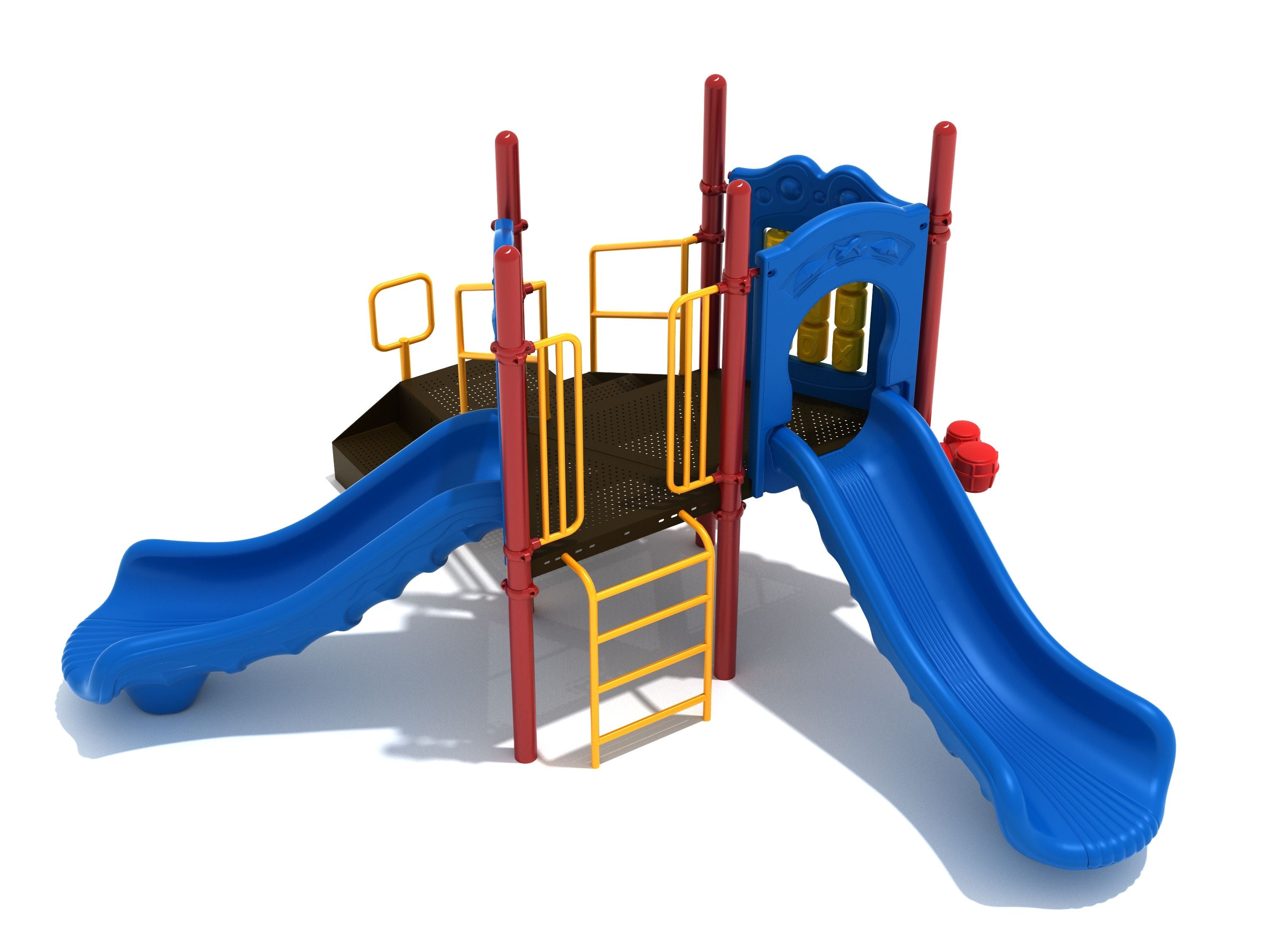 Madison Playground with two blue slides, red posts, yellow railings, tic-tac-toe panel, and colorful ground drums in primary colors