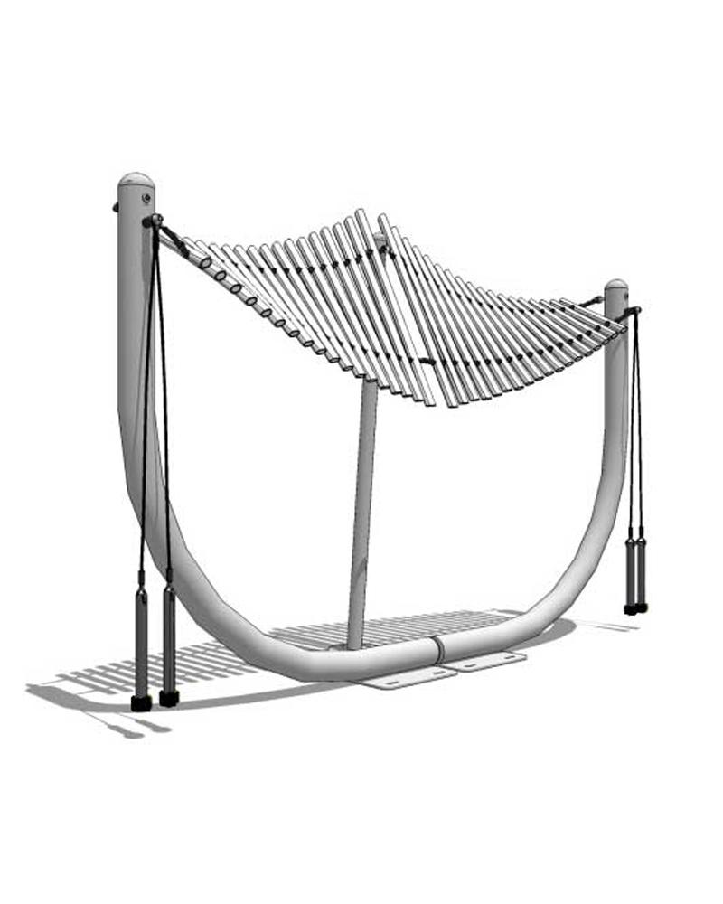 Outdoor metallophone with curved powder-coated steel frame and suspended chime tubes for collaborative musical play
