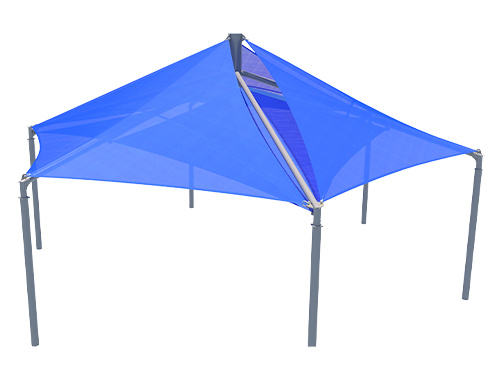 Hexagonal blue fabric shade structure with layered canopy supported by six gray metal posts