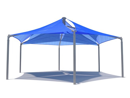 Hexagonal royal blue dual-layer fabric shade structure supported by six gray posts casting shadow below