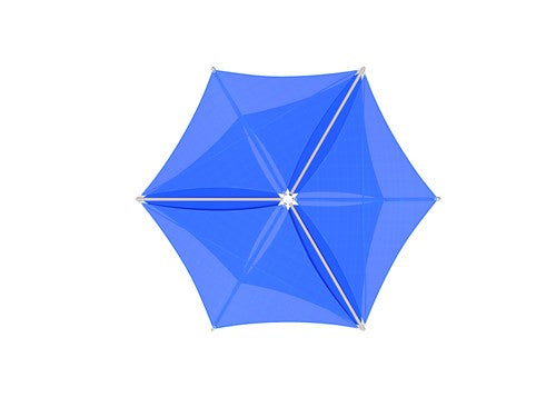 Overhead view of royal blue hexagonal shade structure with six fabric panels and supporting posts