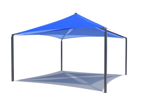 Royal blue pyramid shade structure with layered overlapping fabric panels and black support poles