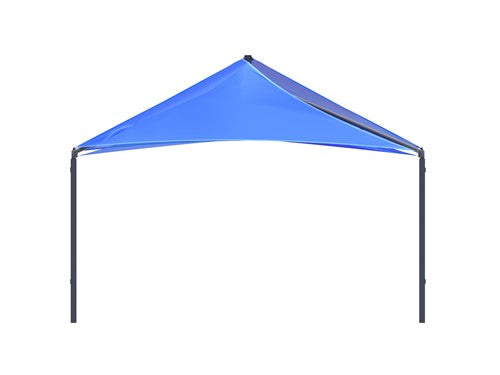 Blue pyramid shade structure with overlapping royal blue fabric layers and black support poles