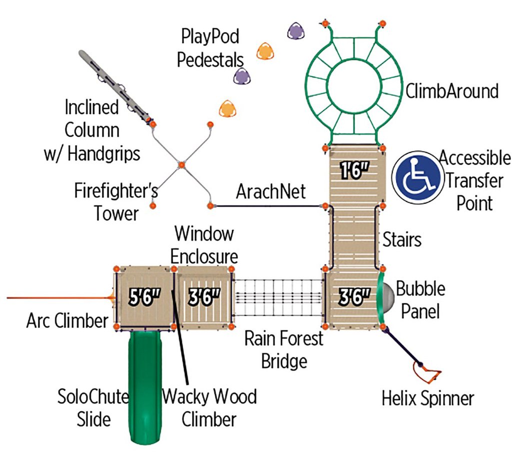 Overhead view of ADA-accessible playground with climbers, slide, rope bridge, spinner, net, and transfer point