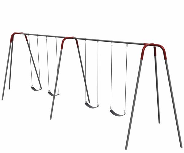 Heavy Duty Modern Swing Set with gray tripod metal frame, red connectors, and four black seats for playground or backyard use