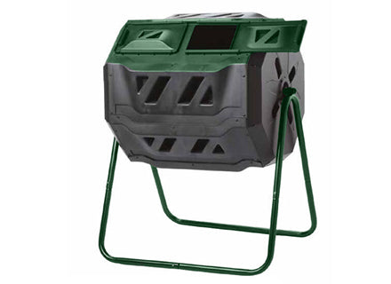 Rotatable dual-chamber compost tumbler with green sliding door on sturdy tubular steel frame for easy compost turning and pest protection