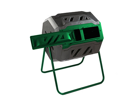 Rotatable dual-chamber compost tumbler with green sliding door on sturdy tubular steel frame for easy compost turning
