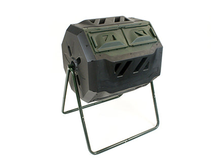 Rotatable dual compartment compost tumbler with green sliding doors on a tubular steel frame elevated for pest protection