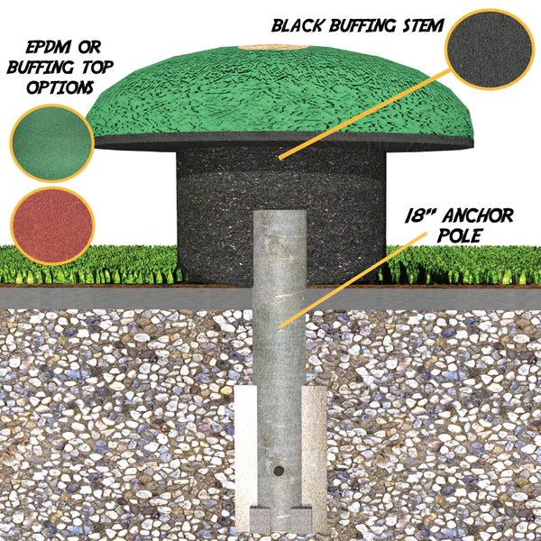 Green rubber mushroom-shaped playground stepper with black stem and embedded anchor pole in gravel surface.