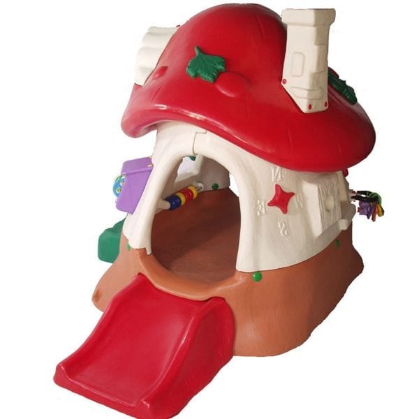 Mushroom Kottage toddler playhouse with red mushroom roof, slide, tactile shapes, side bench, and Toad Stool chair