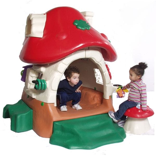 Colorful mushroom-shaped playhouse with tactile animal and insect shapes, side bench, and red toadstool chair for toddlers