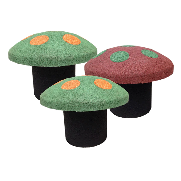 Three colorful rubber mushroom-shaped stepping blocks with green and red caps featuring contrasting circular spots for playground use