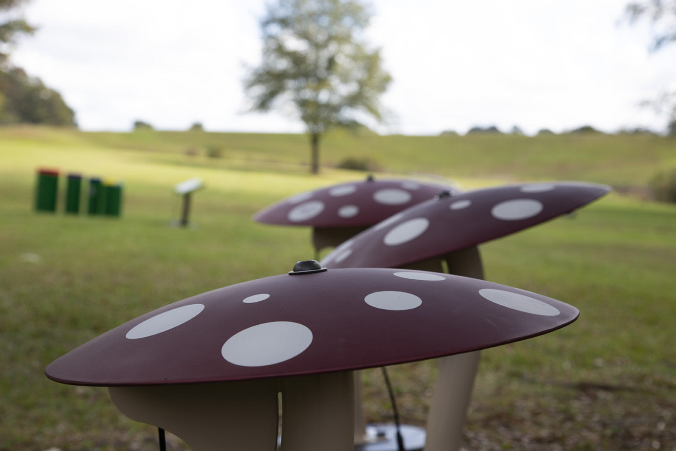 Row of red mushroom-shaped outdoor musical instruments with white spots on a grassy park lawn, designed for interactive play.