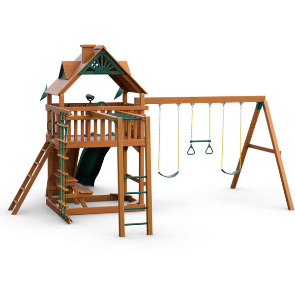 Amber-finished wooden playset with slide, climbing ladder, two belt swings, trapeze bar, and elevated platform with wood roof