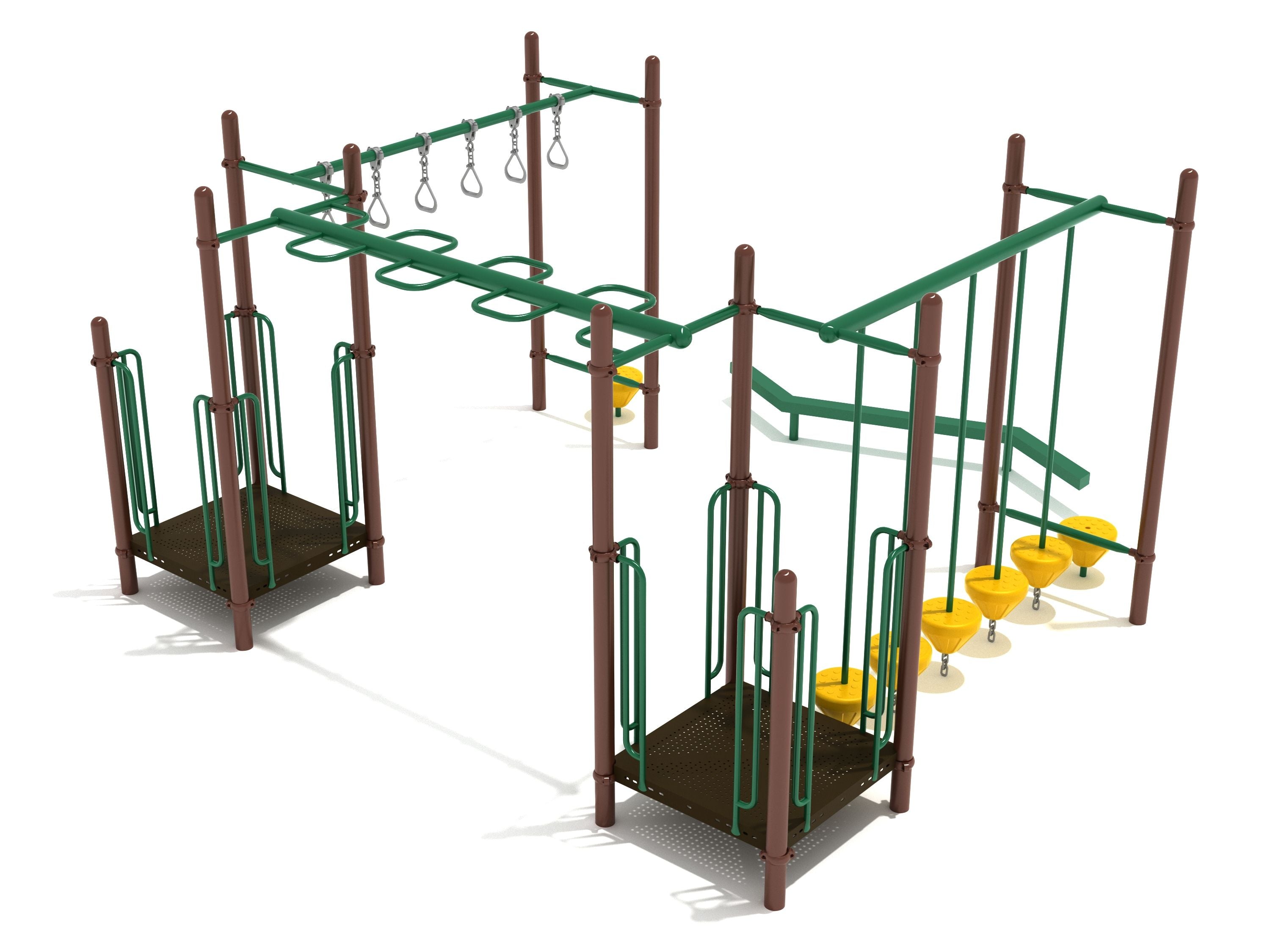 Playground fitness structure with two elevated platforms, overhead snake ladder, rung ladder, pebble bridge, and balance beam.