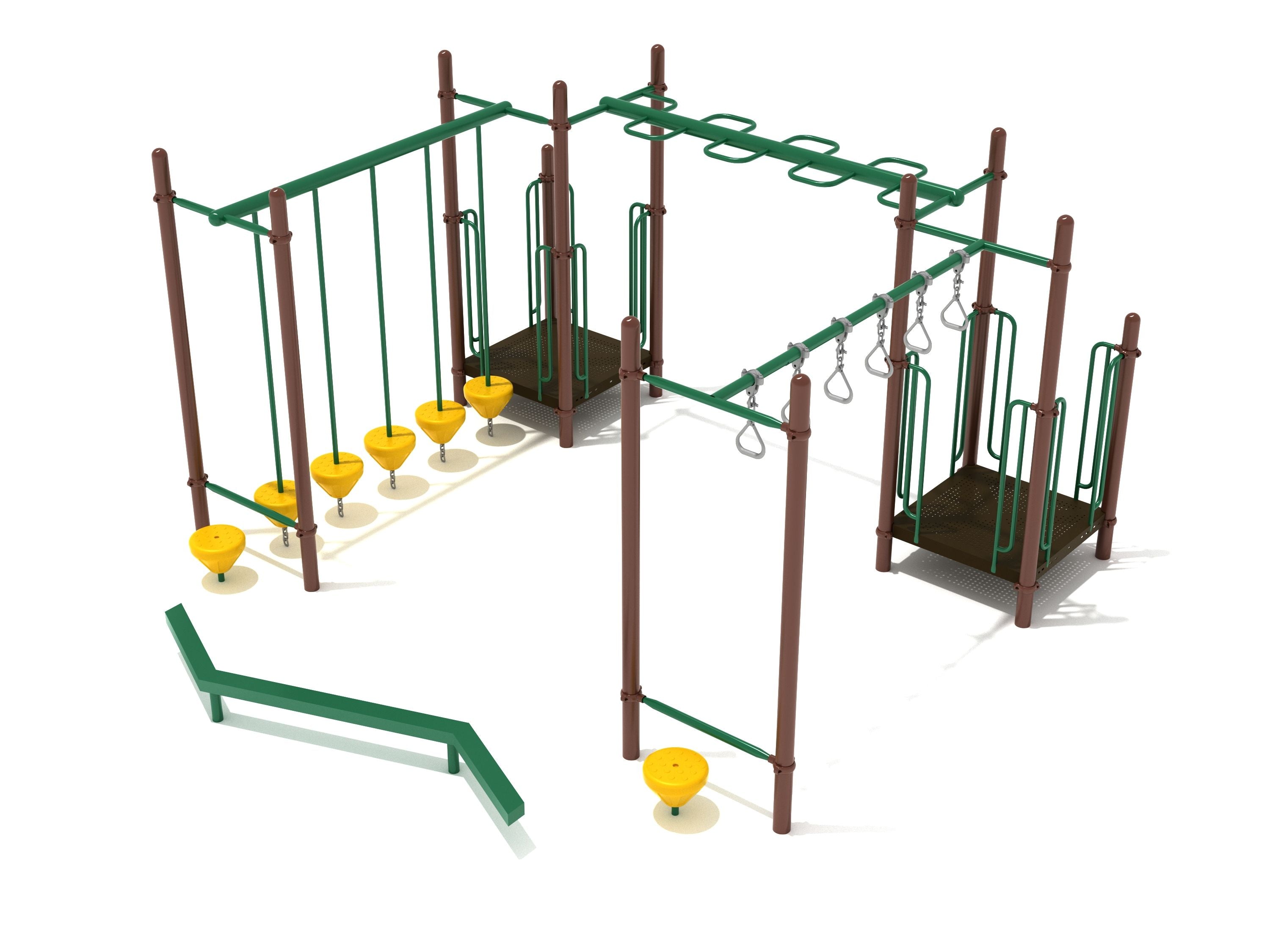 Playground fitness structure with two elevated platforms, overhead snake ladder, pebble bridge, rung ladder, and balance beam in green and yellow.