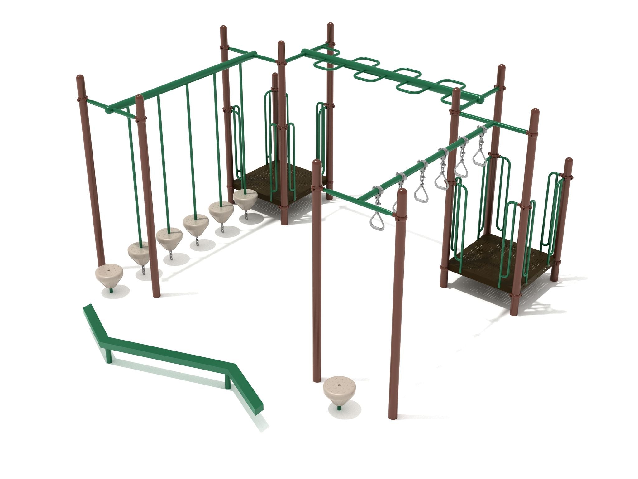 Playground fitness structure with two elevated platforms, overhead snake ladder, pebble bridge, rung ladder, and balance beam in green and brown.
