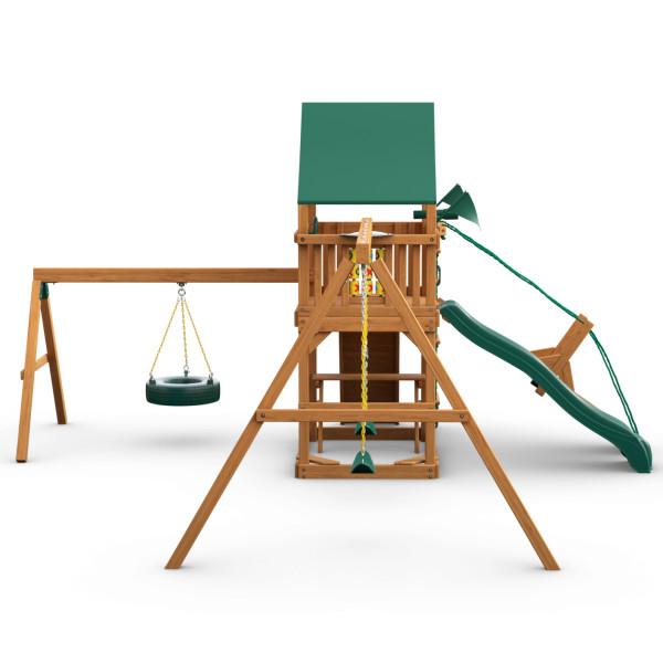 Cedar wooden playset with green canopy, tire swing, slide, climbing rope, and tic-tac-toe panel