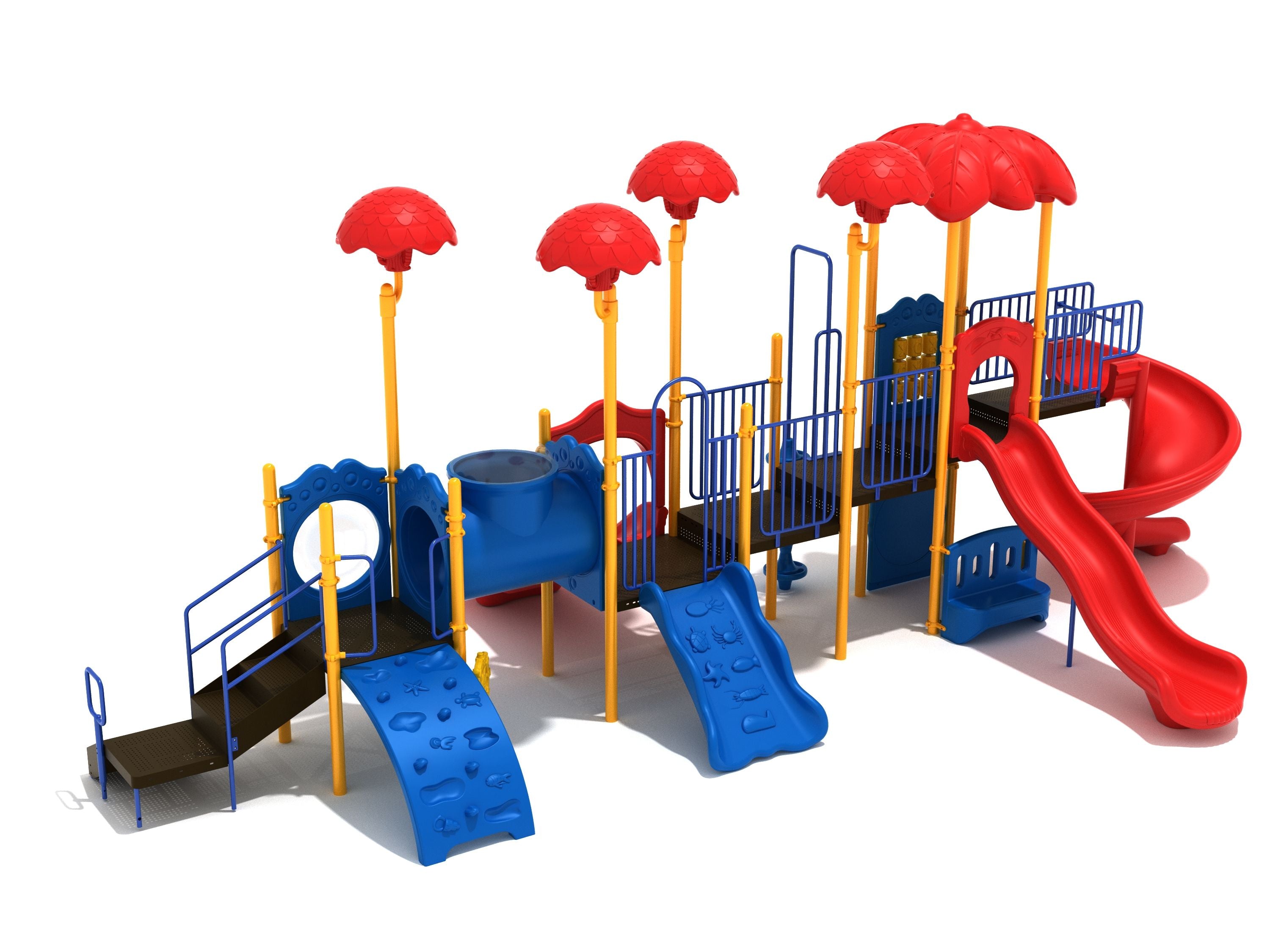 Colorful playground with blue climbing panels, red slides, tube bridge with windows, and red umbrella canopies.