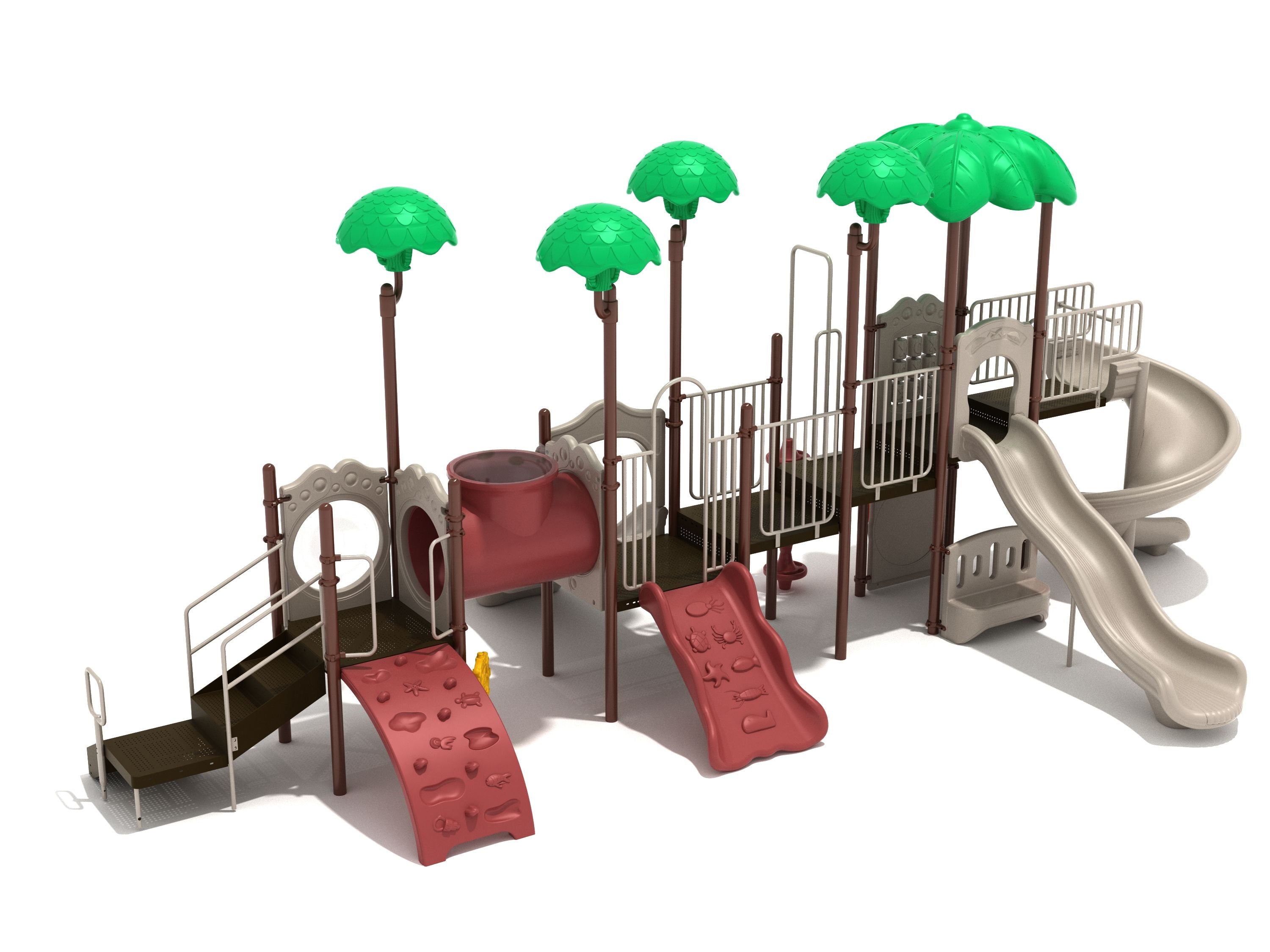 Outdoor playground with green leaf canopies, red climbing panels, tube bridge with windows, double slides, wave slide, and spiral slide