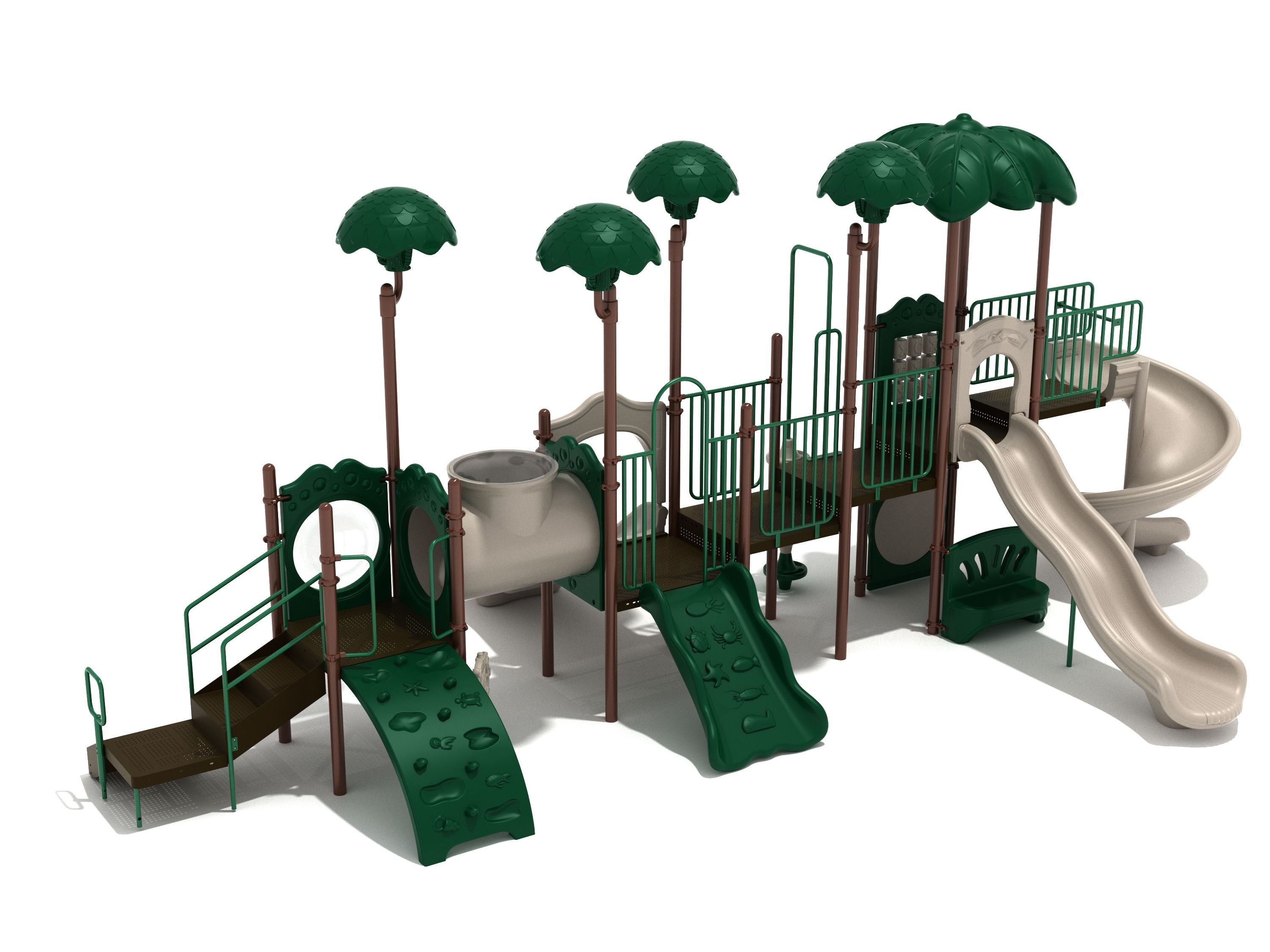 Elevated playground structure with green leaf canopies, climbing panels, tube bridge, and multiple beige slides including spiral and wave slides.