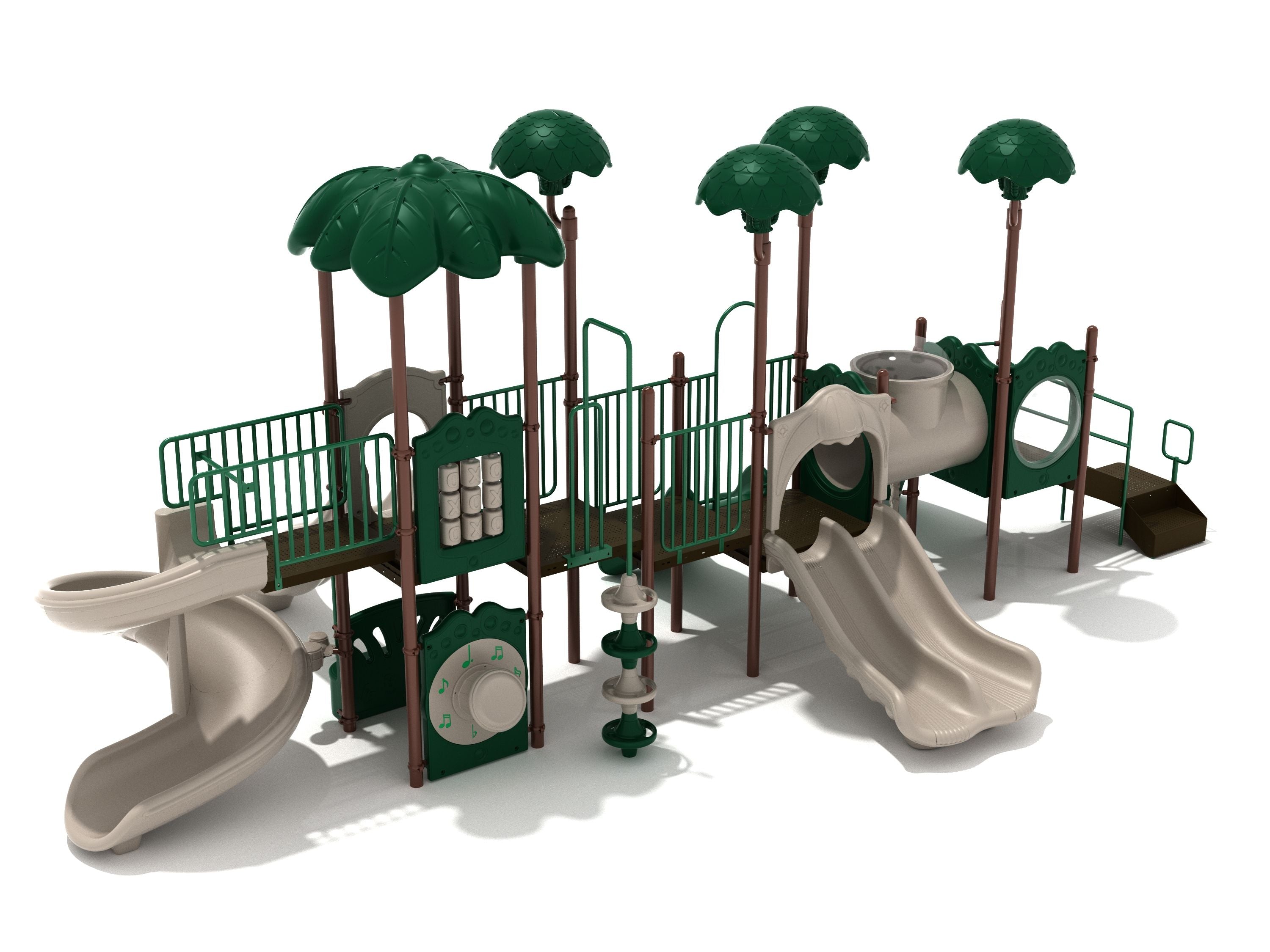 Large playground structure with green leaf canopies, beige slides, climbing elements, and interactive play panels.