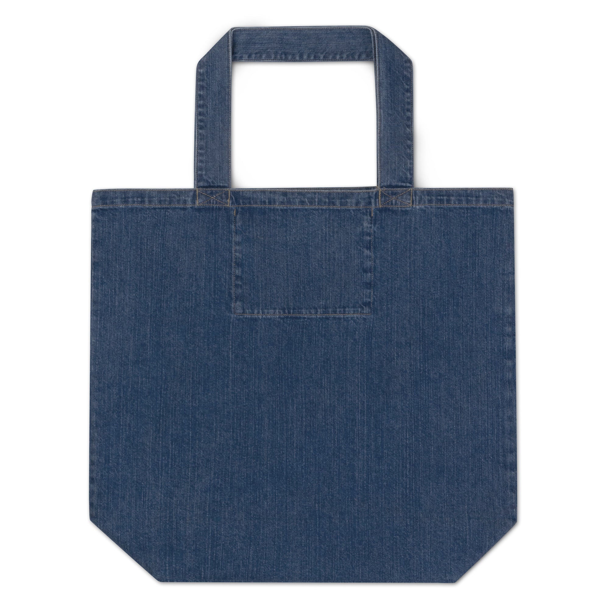 Overhead view of blue organic denim tote bag with long handles and small front pocket, flat lay perspective