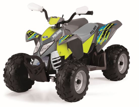 Polaris Outlaw 12-Volt Ride On Vehicle in citrus with knobby all-terrain wheels and realistic ATV design