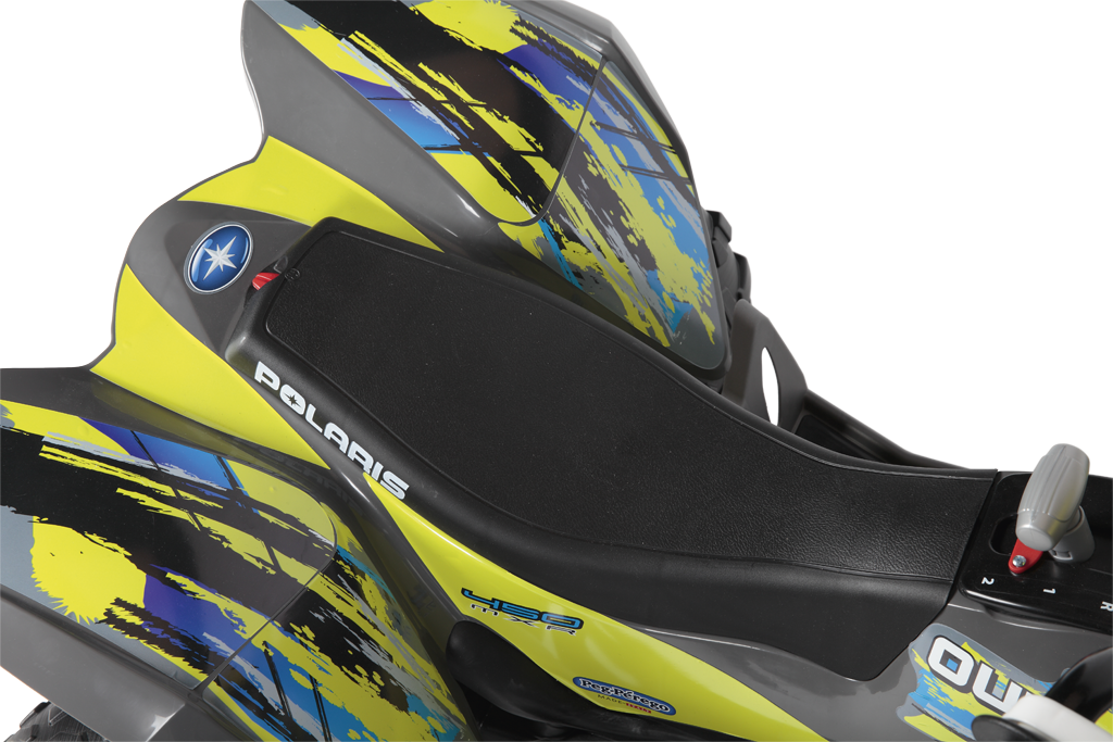 Citrus-colored children's all-terrain ride-on vehicle seat with colorful graphics and gearshift controls