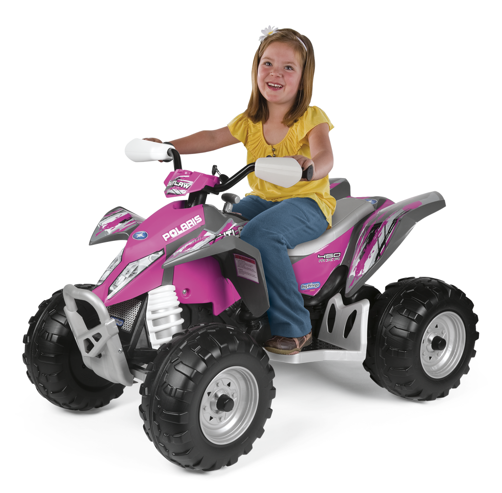Child sitting on pink all-terrain ride-on ATV with knobby tires and sporty decals