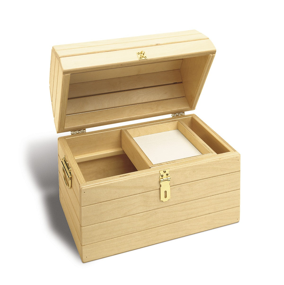 Treasure Chest with solid wood construction, brass-plated hasp and handles, sliding tray, and secret compartment