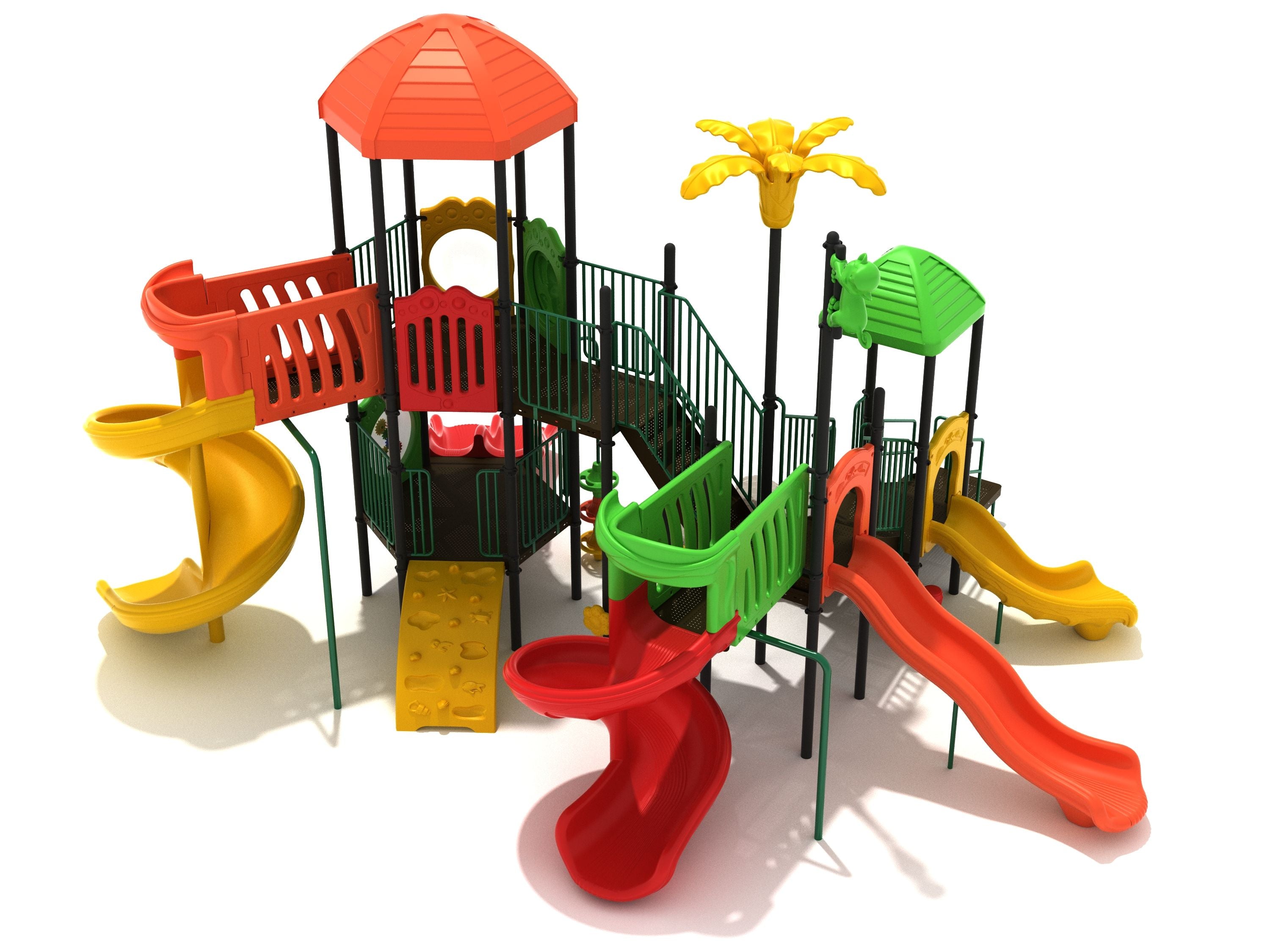 Colorful playground structure with multiple slides, climbing walls, platforms, interactive ship and music play features, and a palm tree element