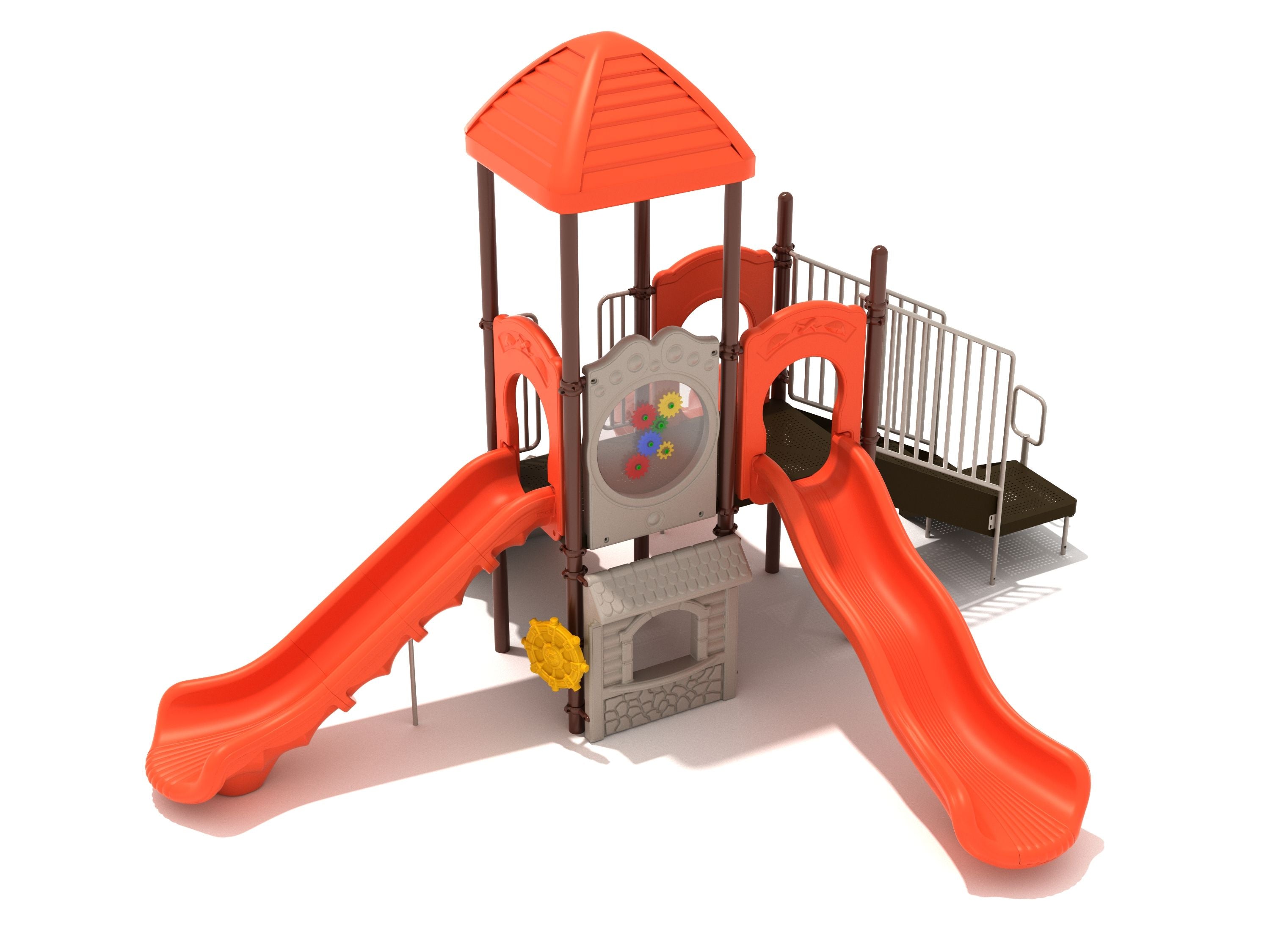 Compact playground structure with three orange slides, shaded roof, interactive gear panel, and accessible ramp.