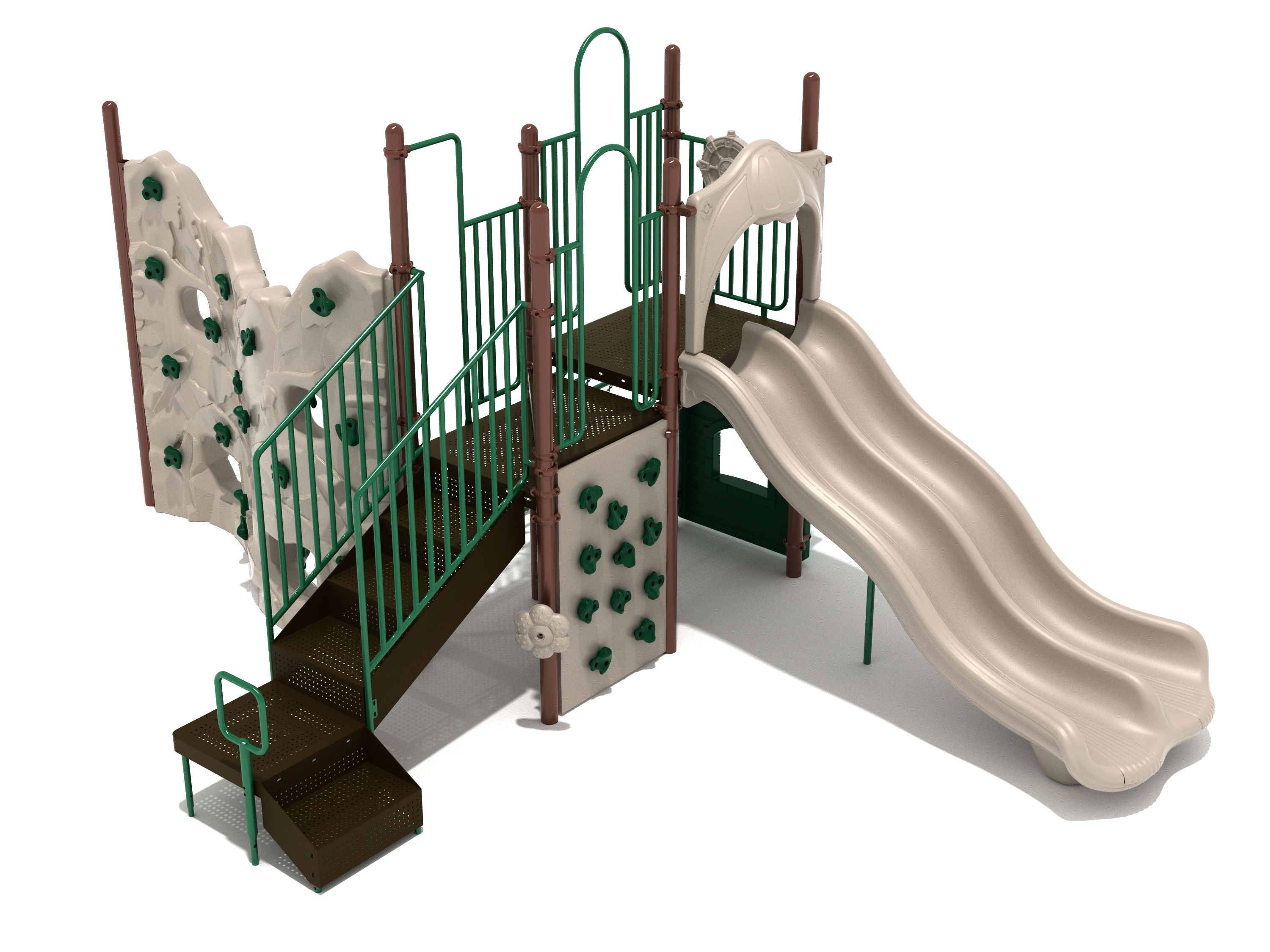 Playground structure with double wave slide, multiple climbing walls including craggy and vertical rock climbers, green railings, and brown steps