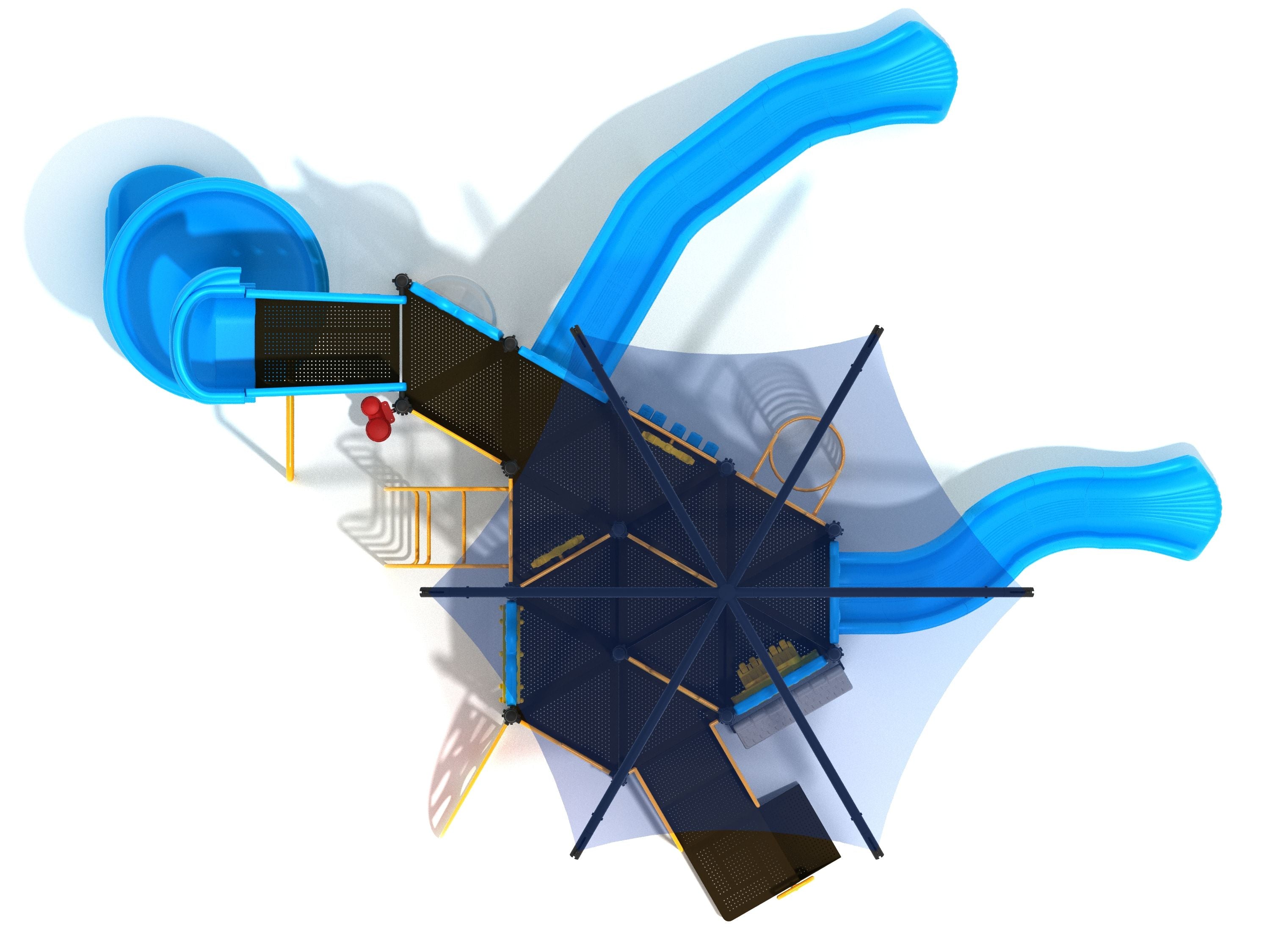 Overhead view of a large playground with blue slides, hexagonal shade, climbing panels, and interactive play features