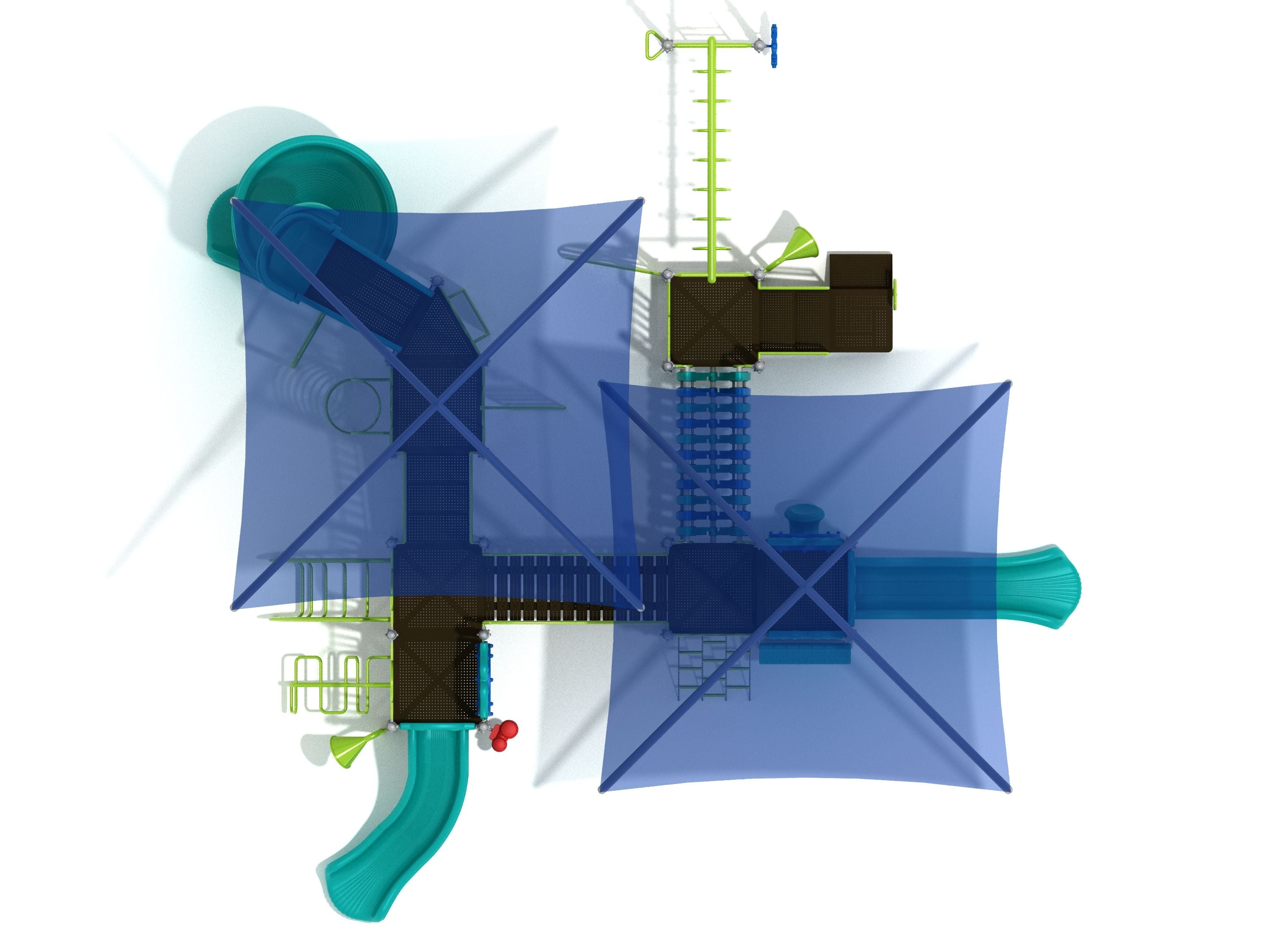 Overhead view of a large playground structure with slides, climbing elements, interactive panels, and two blue shade canopies