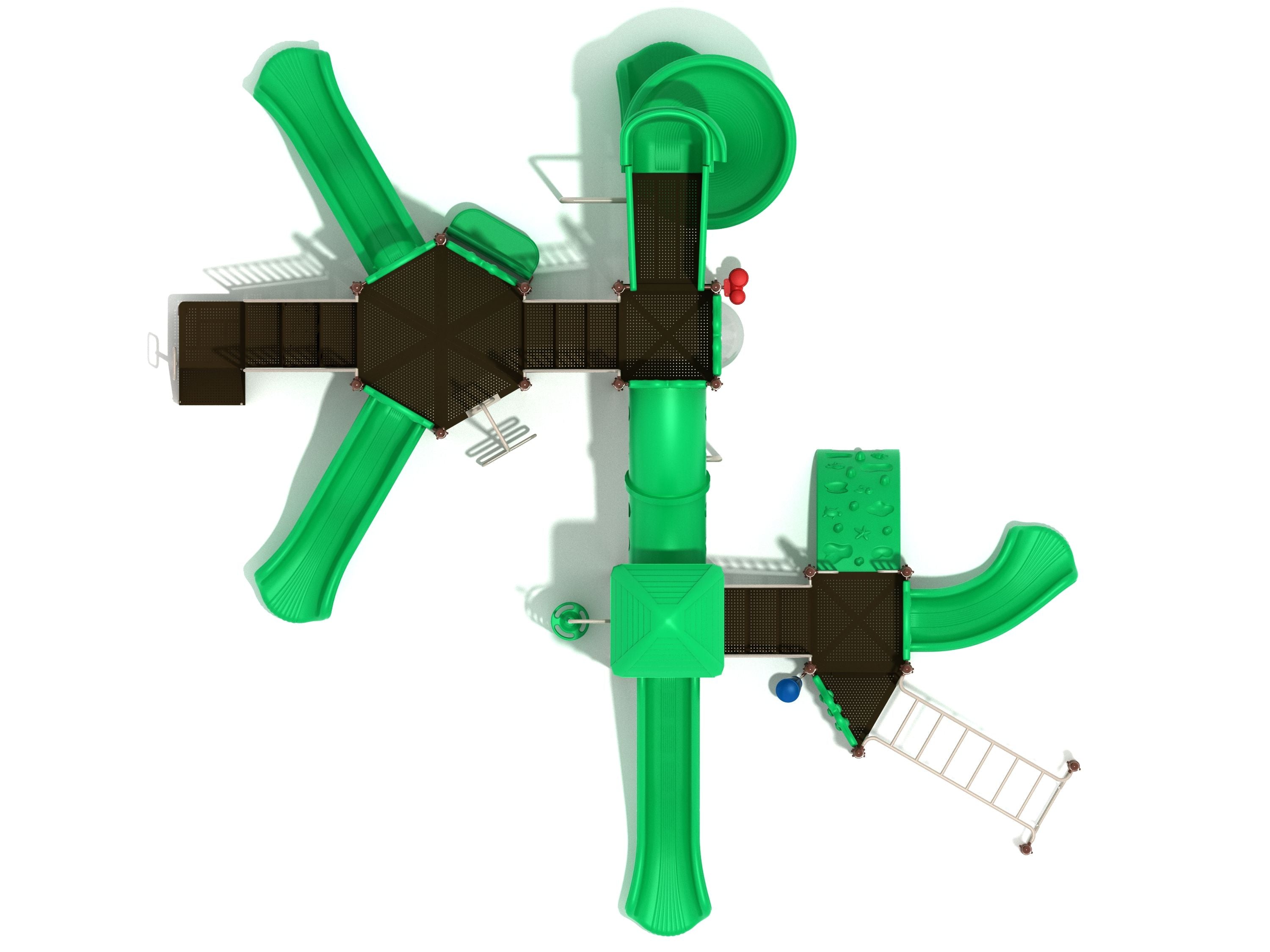 Overhead view of green playground structure with multiple slides, climbers, connecting platforms, and a tube bridge