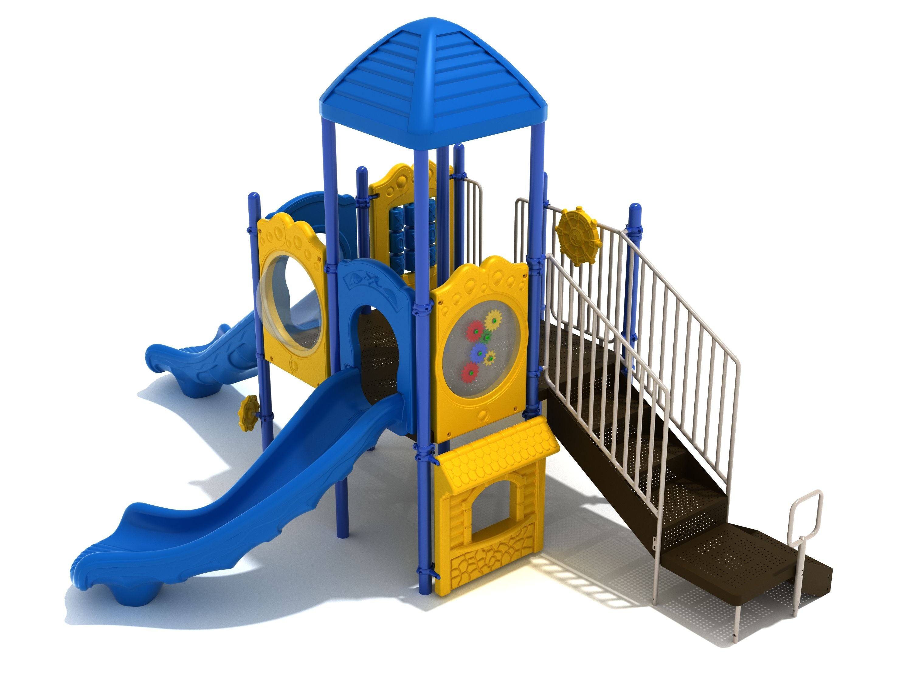 Compact blue and yellow playground structure with two slides, activity panels, stairs, and a shaded roof