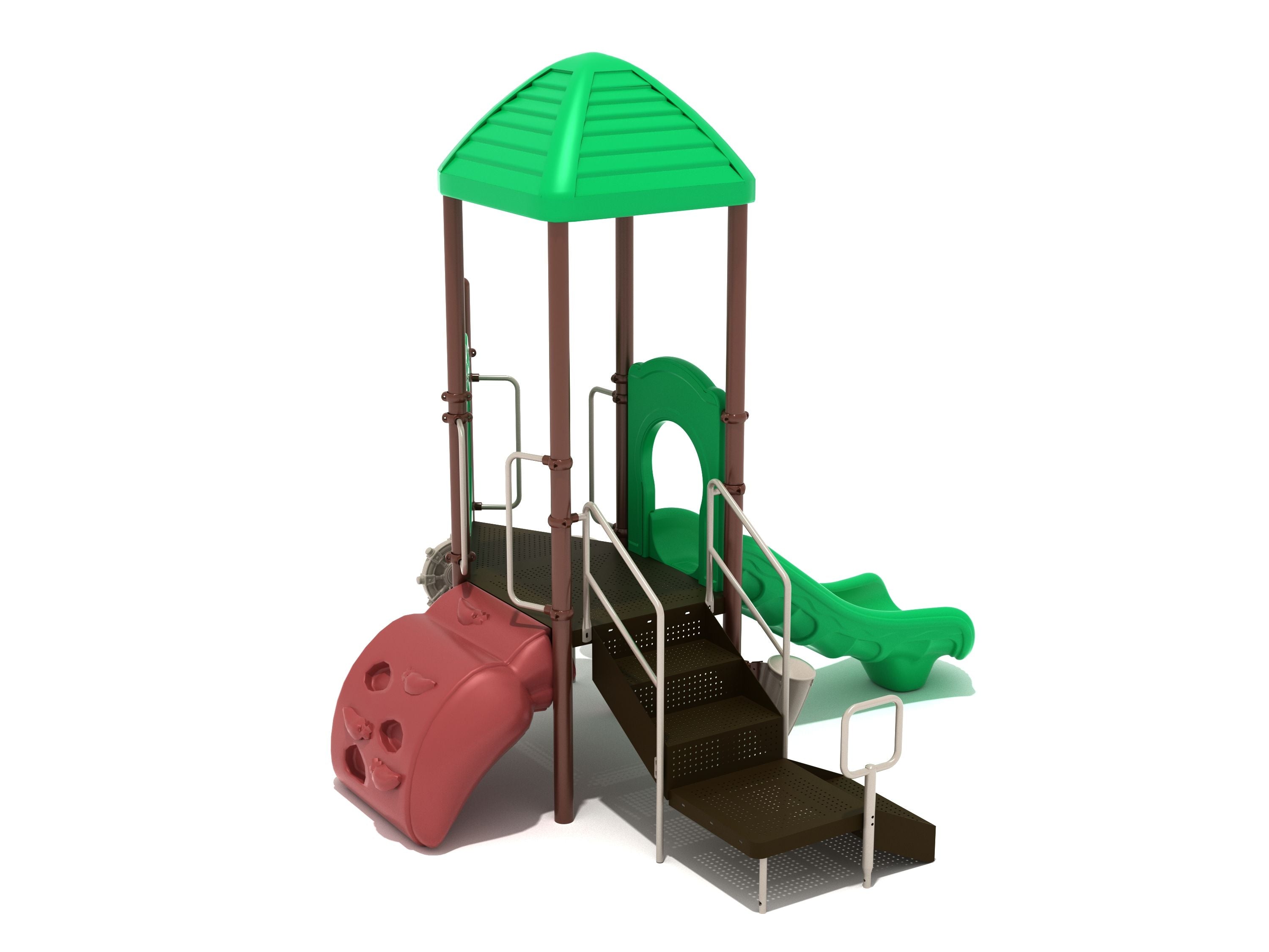Compact playground structure with green roof, green wave slide, red climbing wall, and brown stairs with metal railings