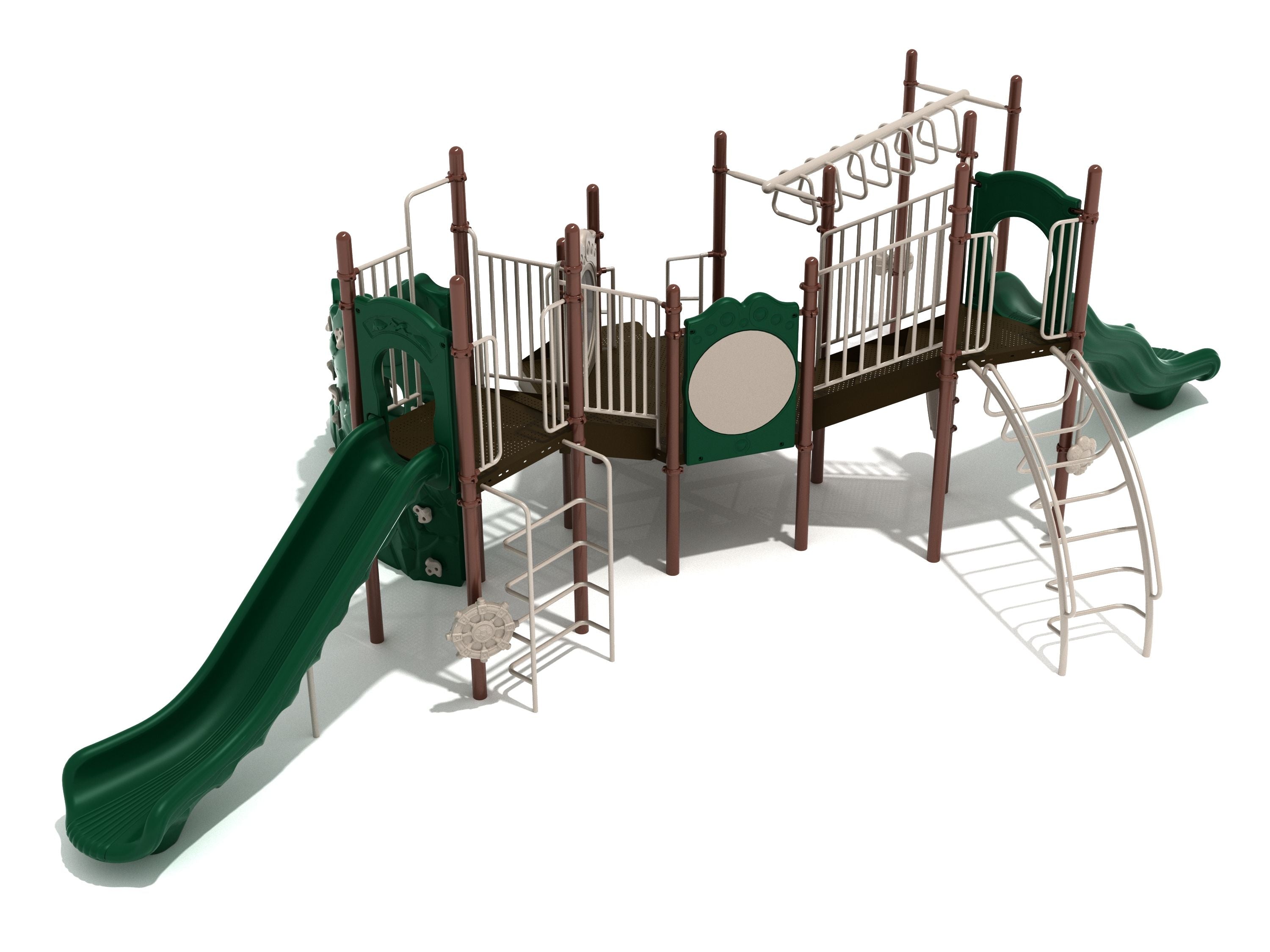 Playground structure with green slides, climbing ladders including overhead trapezoid loop, central hexagonal deck with drum panel on brown posts