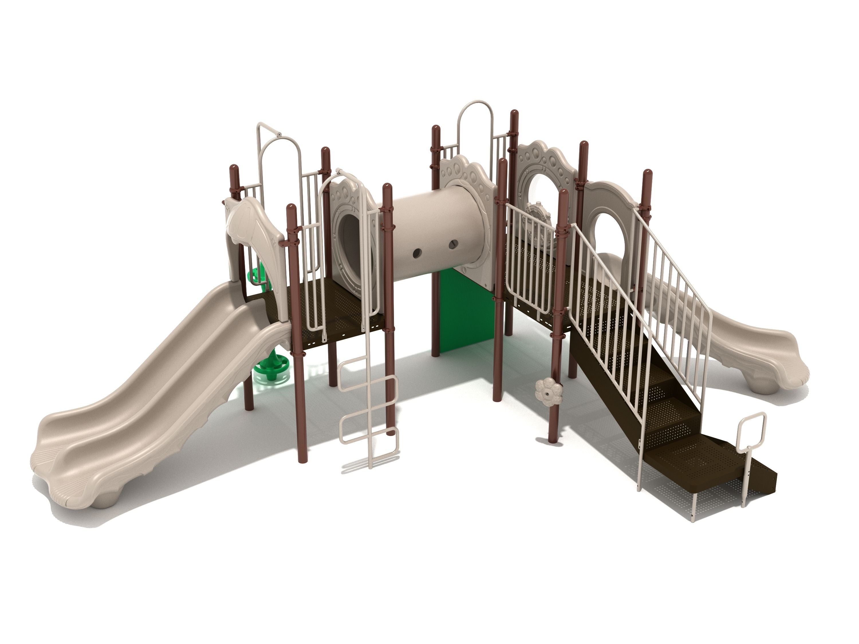 Elevated playground structure with double slides, tube bridge, climbing ladder, ramp with railings, and climbing walls in neutral tones.