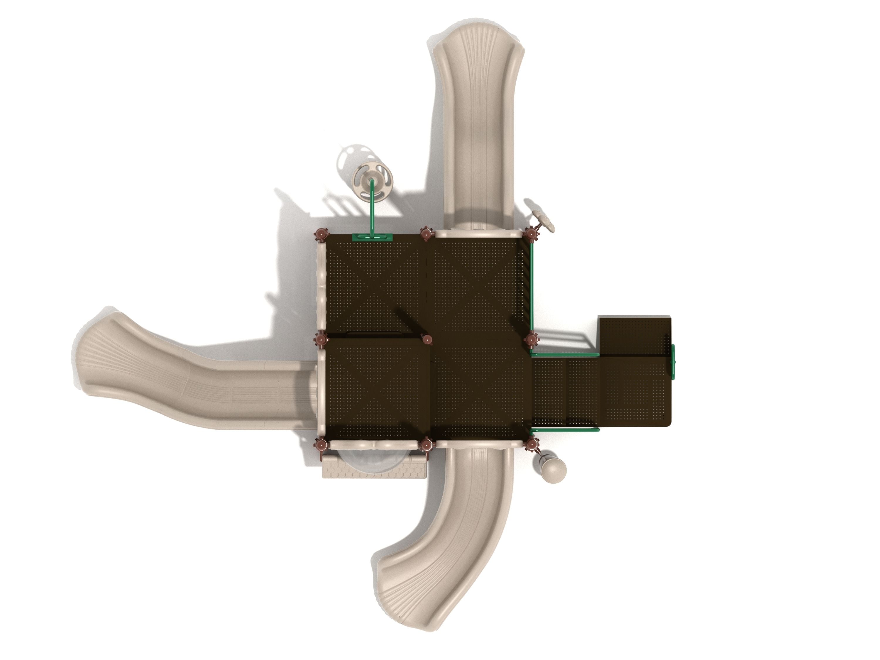 Overhead view of a large square playground deck with green railings and three beige slides including two right turn slides and a wave slide