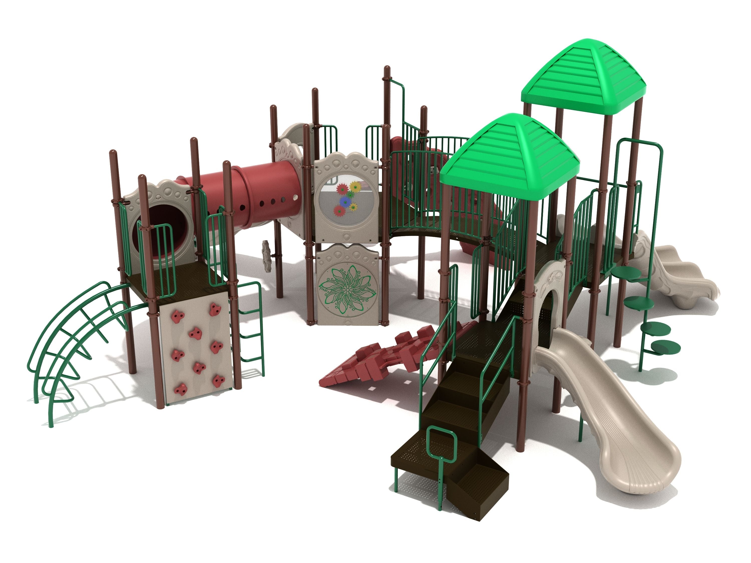 Baraboo Playground large play system with green roofs, beige slides, climbing wall, tube bridge, interactive panels, and inclusive ground-level play features