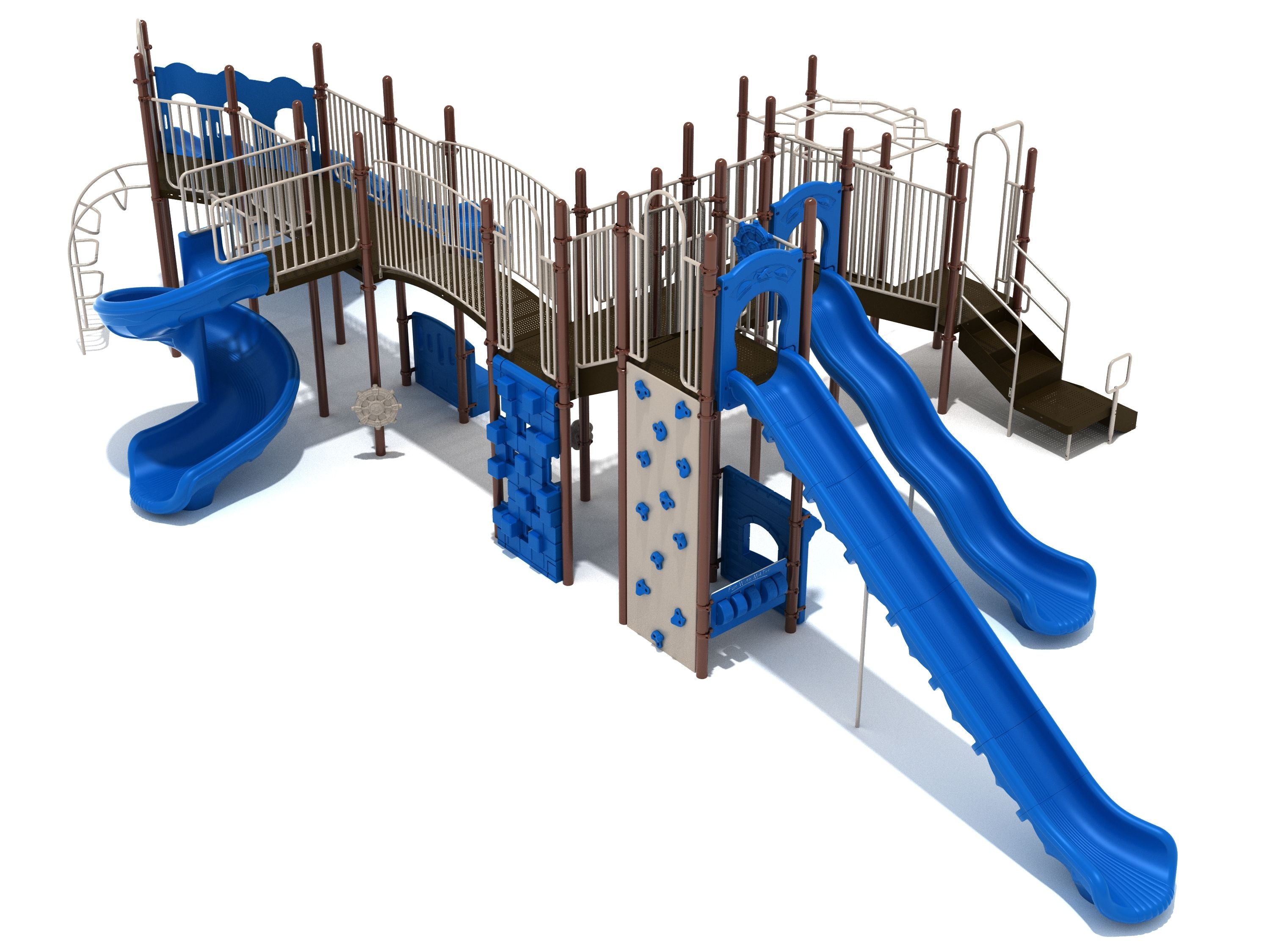 Large outdoor playground structure with multiple blue slides, climbing walls, ladders, and elevated walkways for active play