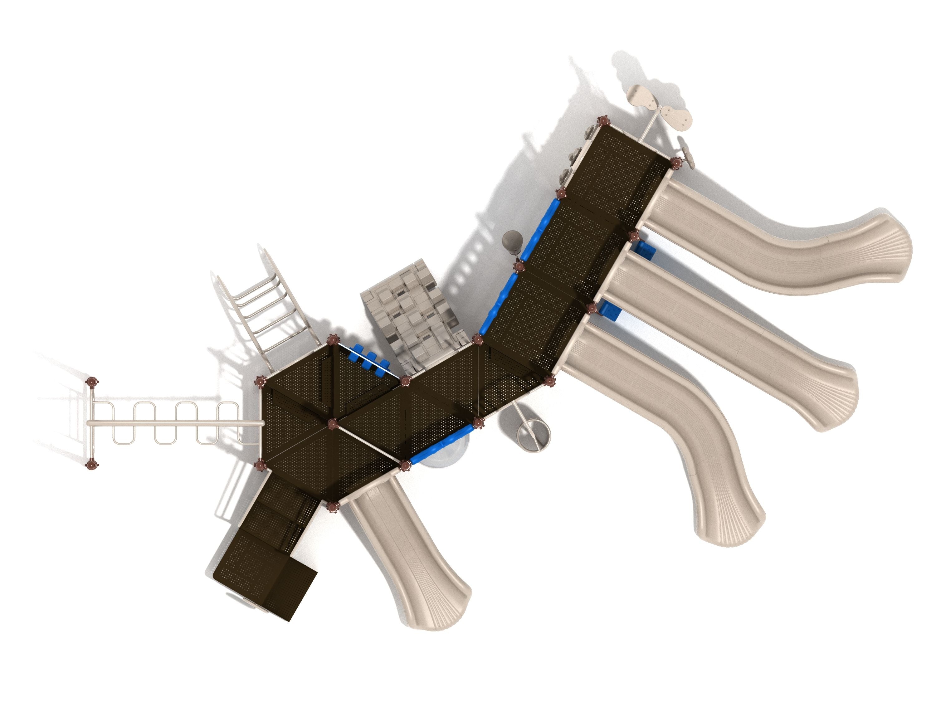 Overhead view of a large playground system with multiple beige slides, spiral climber, and various climbing ladders and panels