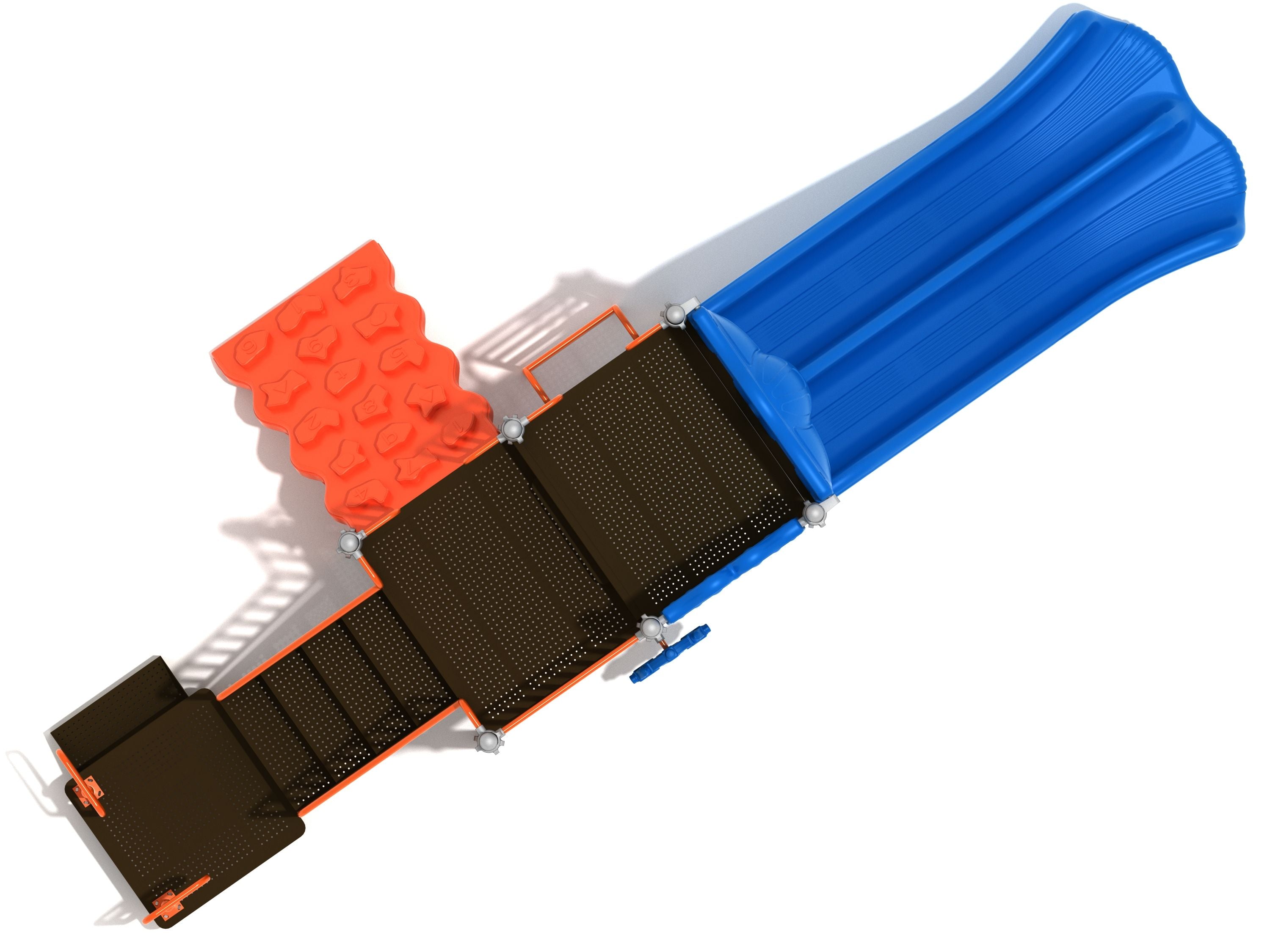 Overhead view of colorful playground with blue double wave slide, orange climbing wall, black platforms, and play panels