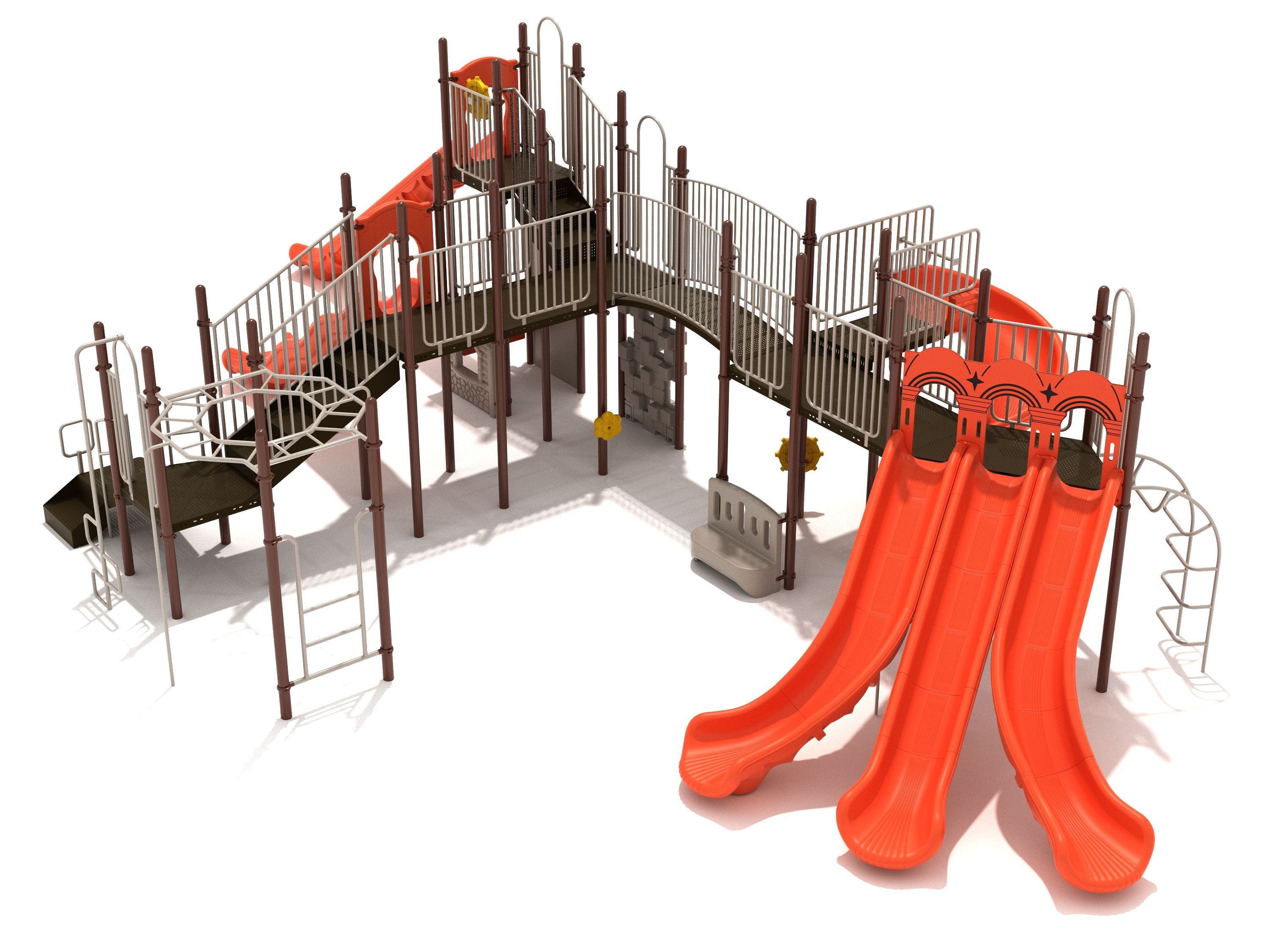 Large playground structure with multiple orange slides, climbing ladders, elevated walkways, and interactive play panels for active kids.