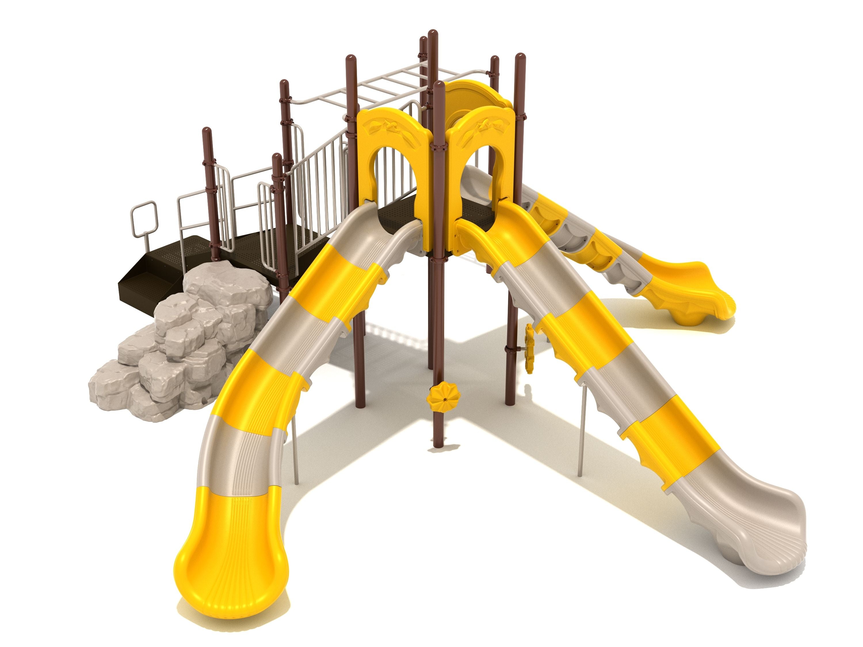 Playground structure with three yellow and beige slides, rock climber, stairs, and monkey bars for active play