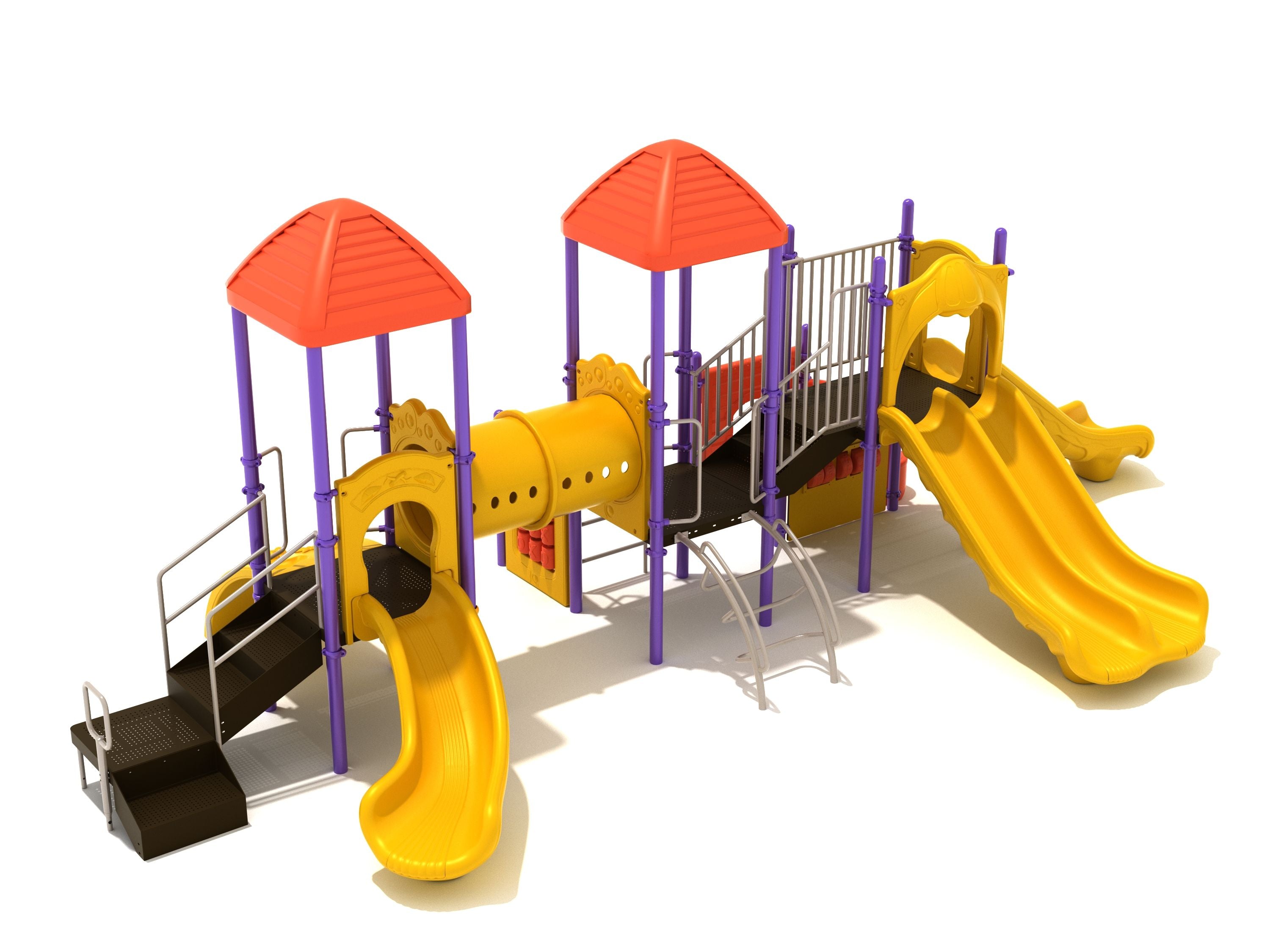 Colorful playground structure with yellow slides, purple supports, red roofs, and a yellow tube bridge for climbing and play.